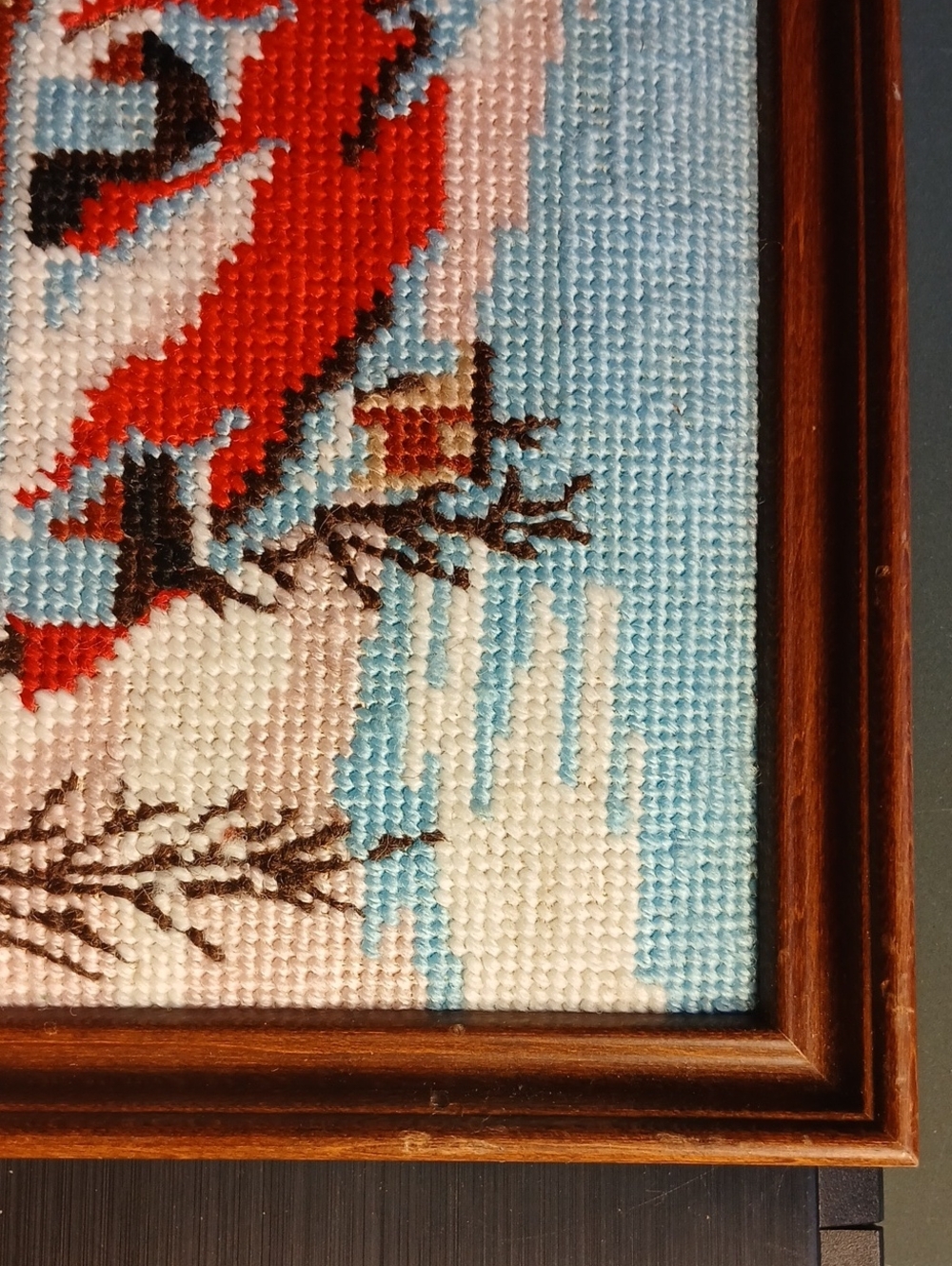 Old Framed Needlepoint of a Cottage In Winter - Picture 6 of 7